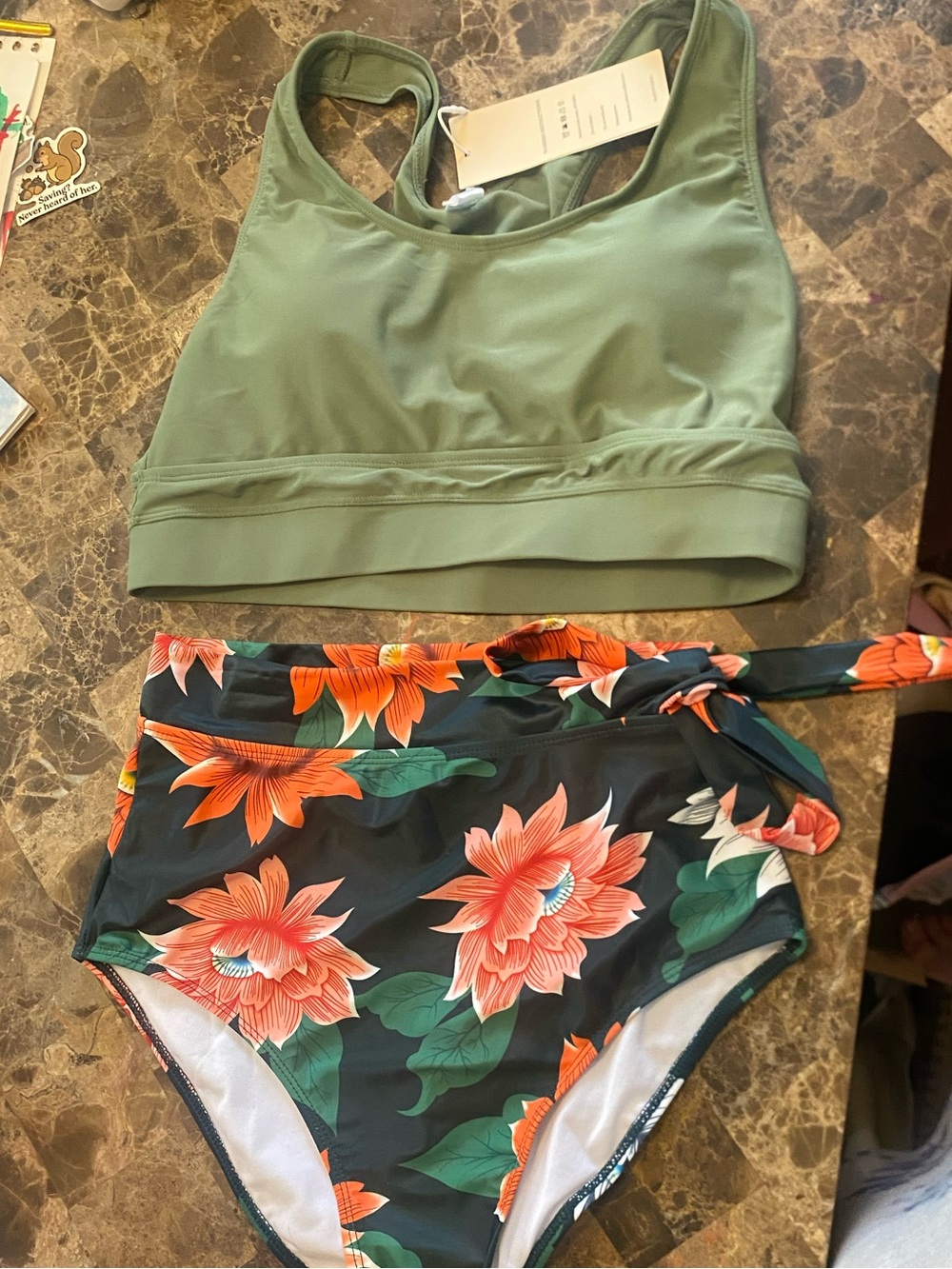 Dokotoo High-Waist Floral Bikini Set with Olive Crop Top Medium NWT